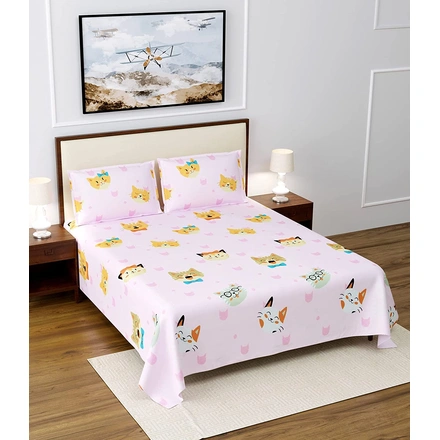 Pink Cat Kids Double Bedsheet Glace Cotton-144 TC-Double Bed-1