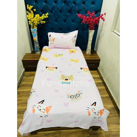 Pink Cat Kids Double Bedsheet Glace Cotton-144 TC-M-271PinkCat