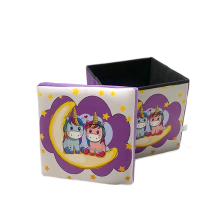 White Purple Multi-Functional Folding Storage Ottoman Box Organizer Cum Stool with Seat Cushion, Storage Boxes for Toys for Kids --WhitePurpleKidsStool