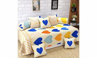 Peach Blue Hearts Glace Cotton Diwan Set 8 Pieces, 1 Single bedsheet, 5 Cushions Covers and 2 Bolster Covers