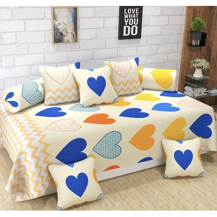 Peach Blue Hearts Glace Cotton Diwan Set 8 Pieces, 1 Single bedsheet, 5 Cushions Covers and 2 Bolster Covers-M861PBHeart