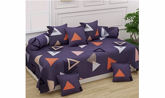 Navy Blue Triangle Glace Cotton Diwan Set 8 Pieces, 1 Single bedsheet, 5 Cushions Covers and 2 Bolster Covers