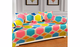 Pink Blue Hexagon Glace Cotton Diwan Set 8 Pieces, 1 Single bedsheet, 5 Cushions Covers and 2 Bolster Covers