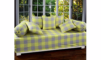 Yellow Grey Glace Cotton Diwan Set 8 Pieces, 1 Single bedsheet, 5 Cushions Covers and 2 Bolster Covers