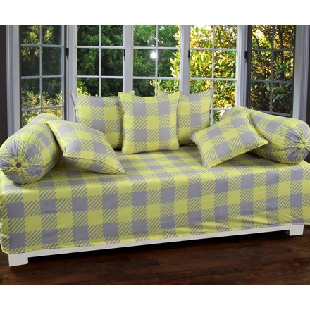 Yellow Grey Glace Cotton Diwan Set 8 Pieces, 1 Single bedsheet, 5 Cushions Covers and 2 Bolster Covers-M823GreyBox