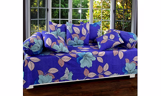 Blue Flowers Glace Cotton Diwan Set 8 Pieces, 1 Single bedsheet, 5 Cushions Covers and 2 Bolster Covers