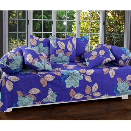 Blue Flowers Glace Cotton Diwan Set 8 Pieces, 1 Single bedsheet, 5 Cushions Covers and 2 Bolster Covers-M832BlueFlowers