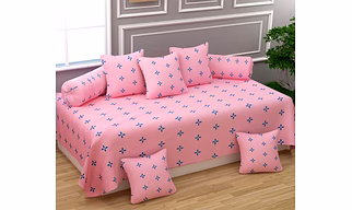 Pink Dot Glace Cotton Diwan Set 8 Pieces, 1 Single bedsheet, 5 Cushions Covers and 2 Bolster Covers