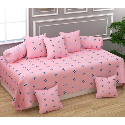 Pink Dot Glace Cotton Diwan Set 8 Pieces, 1 Single bedsheet, 5 Cushions Covers and 2 Bolster Covers-M834PinkDot