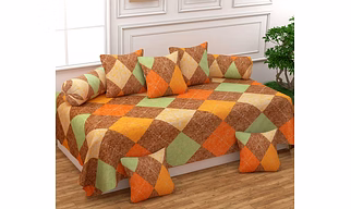 Brown Orange Glace Cotton Diwan Set 8 Pieces, 1 Single bedsheet, 5 Cushions Covers and 2 Bolster Covers