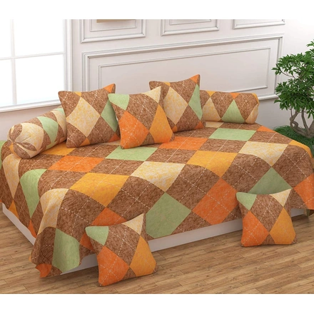 Brown Orange Glace Cotton Diwan Set 8 Pieces, 1 Single bedsheet, 5 Cushions Covers and 2 Bolster Covers-M836BrownOrange