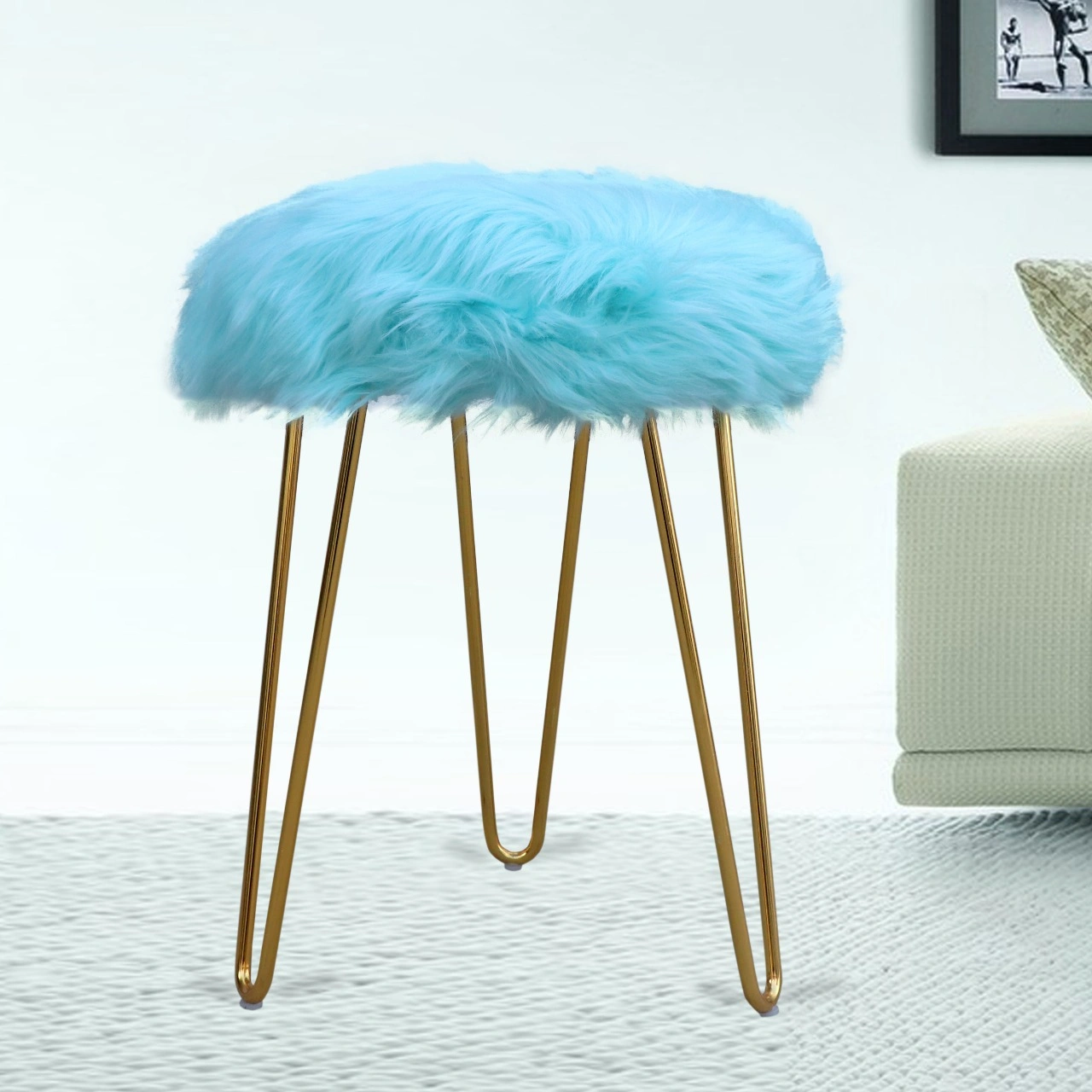 Blue Fur Metal Table- Black Legs-1