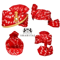 S H A H I T A J Traditional Rajasthani Cotton Red Bandhej Wedding Barati Udaipuri Pagdi Safa or Turban with Brooch and Pachewadi for Kids and Adults (RT153)