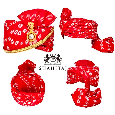 S H A H I T A J Traditional Rajasthani Cotton Red Bandhej Wedding Barati Udaipuri Pagdi Safa or Turban with Brooch and Pachewadi for Kids and Adults (RT153)-ST233_20andHalf