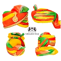 S H A H I T A J Traditional Rajasthani Cotton Wedding Barati Jodhpuri Pagdi Safa or Turban Multi-Colored with Brooch and Pachewadi for Kids and Adults (RT157)