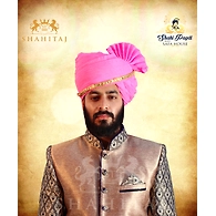 S H A H I T A J Traditional Rajasthani Cotton Wedding Barati Pink Jodhpuri & Rajputi Pagdi Safa or Turban with Pachewadi for Kids and Adults (CT164)