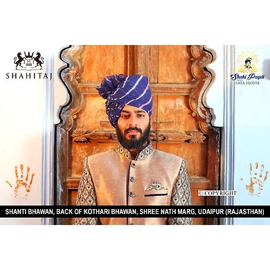 S H A H I T A J Traditional Rajasthani Wedding Barati Blue Cotton Lehariya Udaipuri &amp; Rajputi Pagdi Safa or Turban for Kids and Adults (CT168)-ST248_23andHalf