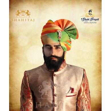 S H A H I T A J Traditional Rajasthani Wedding Barati Multi-Colored Shaded Cotton Jodhpuri &amp; Rajputi Pagdi Safa or Turban with Brooch for Kids and Adults (CT179)-ST259_18andHalf
