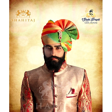 S H A H I T A J Traditional Rajasthani Wedding Barati Multi-Colored Shaded Cotton Jodhpuri &amp; Rajputi Pagdi Safa or Turban with Brooch for Kids and Adults (CT179)-ST259_23