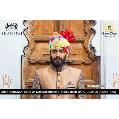 S H A H I T A J Traditional Rajasthani Wedding Barati Cotton Multi-Colored Lehariya Jodhpuri &amp; Rajputi Pagdi Safa or Turban with Brooch for Kids and Adults (CT183)-ST263_18andHalf