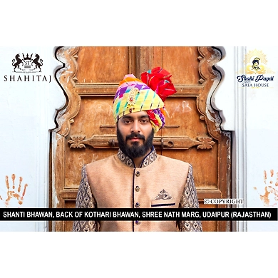 S H A H I T A J Traditional Rajasthani Wedding Barati Cotton Multi-Colored Lehariya Jodhpuri &amp; Rajputi Pagdi Safa or Turban with Brooch for Kids and Adults (CT183)-ST263_20