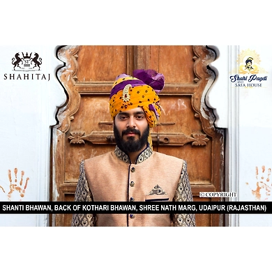 S H A H I T A J Traditional Rajasthani Wedding Barati Bandhej Multi-Colored Cotton Jodhpuri &amp; Rajputi Pagdi Safa or Turban with Brooch for Kids and Adults (CT184)-ST264_22andHalf
