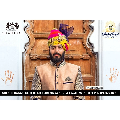 S H A H I T A J Traditional Rajasthani Wedding Barati Multi-Colored Cotton Jodhpuri &amp; Rajputi Pagdi Safa or Turban with Brooch for Kids and Adults (CT185)-ST265_23andHalf