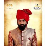 S H A H I T A J Traditional Rajasthani Wedding Barati Zari Staight Line Red Cotton Jodhpuri & Rajputi Pagdi Safa or Turban for Kids and Adults (CT186)