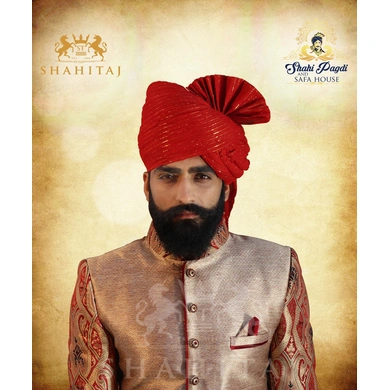 S H A H I T A J Traditional Rajasthani Wedding Barati Zari Staight Line Red Cotton Jodhpuri &amp; Rajputi Pagdi Safa or Turban for Kids and Adults (CT186)-ST266_18andHalf