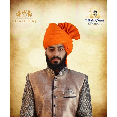 S H A H I T A J Traditional Rajasthani Wedding Barati Zari Straight Line Orange or Kesariya Cotton Jodhpuri &amp; Rajputi Pagdi Safa or Turban for Kids and Adults (CT187)-ST267_18andHalf