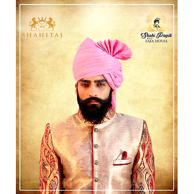 S H A H I T A J Traditional Rajasthani Wedding Barati Zari Staight Line Yellow Cotton Jodhpuri &amp; Rajputi Pagdi Safa or Turban Multi-Colored for Kids and Adults (CT189)-ST269_22andHalf