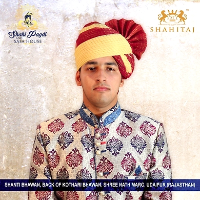 S H A H I T A J Traditional Rajasthani Wedding Barati Zari Cotton Kotadoriya Red &amp; Cream Jodhpuri Pagdi Safa or Turban for Kids and Adults (CT194)-ST274_18andHalf