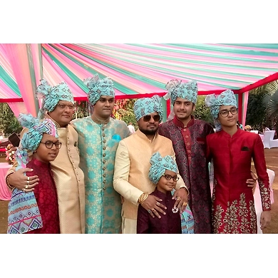 S H A H I T A J Traditional Rajasthani Wedding Barati Aztec Print Blue Chanderi Silk Multi-Colored Udaipuri Pagdi Safa or Turban for Kids and Adults (CT205)-ST285_18