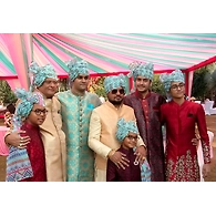 S H A H I T A J Traditional Rajasthani Wedding Barati Aztec Print Blue Chanderi Silk Multi-Colored Udaipuri Pagdi Safa or Turban for Kids and Adults (CT205)