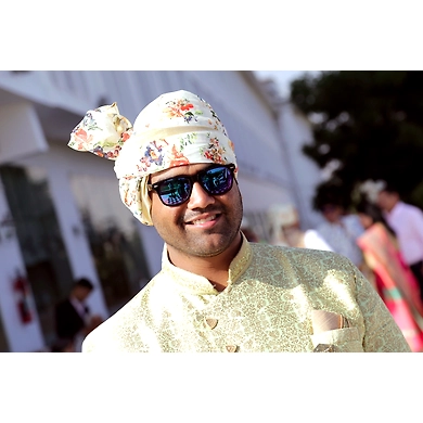 S H A H I T A J Traditional Rajasthani Wedding Barati Cream Floral Chanderi Silk Multi-Colored Udaipuri Pagdi Safa or Turban for Kids and Adults (CT209)-ST289_18andHalf