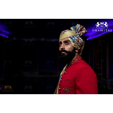 S H A H I T A J Traditional Rajasthani Wedding Barati Golden Floral Chanderi Silk Multi-Colored Udaipuri Pagdi Safa or Turban for Kids and Adults (CT212)-ST292_21andHalf