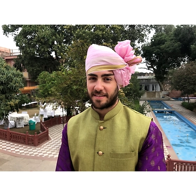 S H A H I T A J Traditional Rajasthani Wedding Barati Plain Chanderi Silk Baby Pink Udaipuri Pagdi Safa or Turban for Kids and Adults (CT224)-ST304_22andHalf