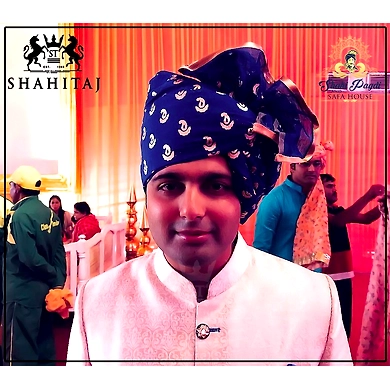 S H A H I T A J Traditional Rajasthani Wedding Barati Chanderi Silk Printed Blue Udaipuri Pagdi Safa or Turban for Kids and Adults (CT231)-ST311_19andHalf