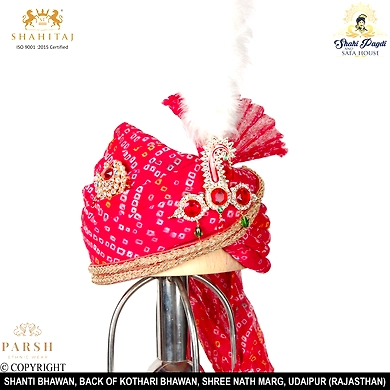 S H A H I T A J Traditional Rajasthani Wedding Georgette Red Bandhej Jodhpuri &amp; Rajputi Pagdi Safa or Turban for Groom or Dulha (CT237)-ST317_21andHalf