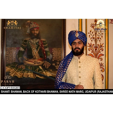 S H A H I T A J Traditional Rajasthani Wedding Udaipuri Blue Silk Brocade Pagdi Safa or Turban for Groom or Dulha (CT248)-ST328_23