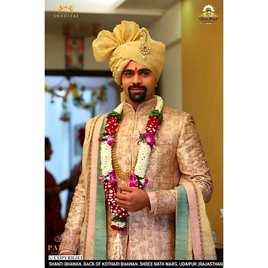 S H A H I T A J Traditional Rajasthani Wedding Udaipuri Golden Checkered Silk Pagdi Safa or Turban for Groom or Dulha (CT253)-ST333_22