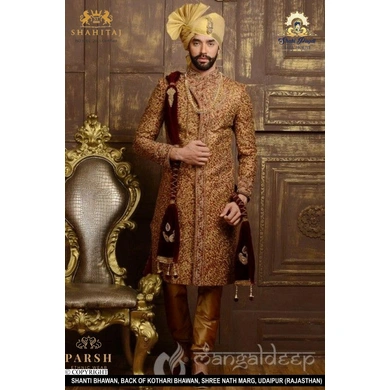S H A H I T A J Traditional Rajasthani Wedding Rajputi Golden Silk Pagdi Safa or Turban for Groom or Dulha (CT257)-ST337_21andHalf
