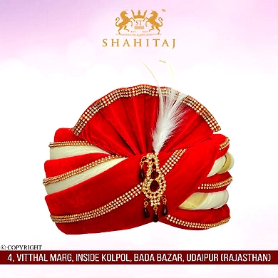 Red and Off White Indian Wedding Pagri Royal shops Rajasthani traditional Pagdi Maharaja Safa Accessory Chanderi silk Ready to wear turban