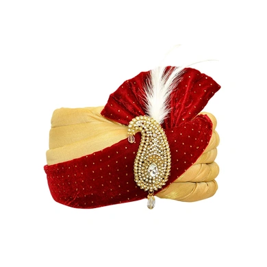 S H A H I T A J Traditional Rajasthani Velvet Red &amp; Golden Wedding Groom or Dulha Pagdi Safa or Turban for and Kids or Adults (RT486)-ST606_19