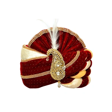 S H A H I T A J Traditional Rajasthani Velvet Red &amp; White Wedding Groom or Dulha Pagdi Safa or Turban for and Kids or Adults (RT487)-ST607_23