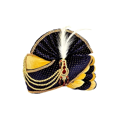 S H A H I T A J Traditional Rajasthani Velvet Blue &amp; Golden Wedding Groom or Dulha Pagdi Safa or Turban for Kids and Adults (RT489)-ST609_20andHalf