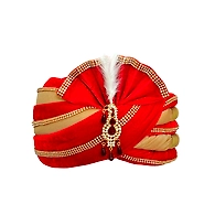 S H A H I T A J Traditional Rajasthani Velvet Red & Golden Wedding Groom or Dulha Pagdi Safa or Turban for Kids and Adults (RT491)
