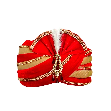 S H A H I T A J Traditional Rajasthani Velvet Red &amp; Golden Wedding Groom or Dulha Pagdi Safa or Turban for Kids and Adults (RT491)-ST611_19andHalf