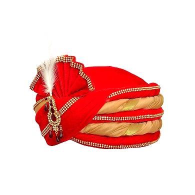 S H A H I T A J Traditional Rajasthani Velvet Red &amp; Golden Wedding Groom or Dulha Pagdi Safa or Turban for Kids and Adults (RT491)-18-3