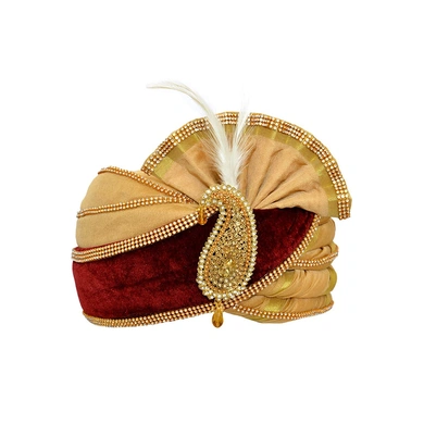 S H A H I T A J Traditional Rajasthani Velvet Red &amp; Golden Wedding Groom or Dulha Pagdi Safa or Turban for Kids and Adults (RT495)-ST615_19andHalf